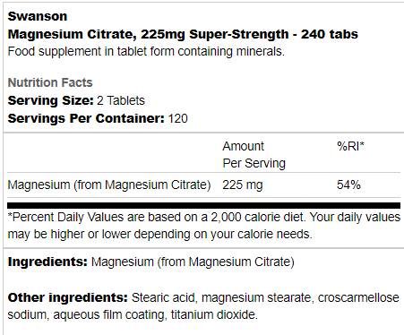 Super-Strength Magnesium Citrate  225 mg 240 Таблетки