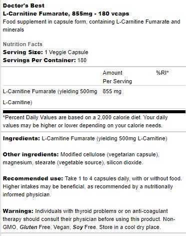 Melhor fumarato de L -carnitina 855 mg - 180 cápsulas