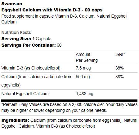 Casca de ovo de cálcio com vitamina D-3 60 cápsulas