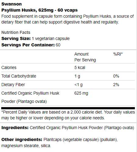 Psyllium Husks 625 mg 60 cápsulas