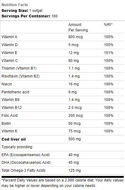 Óleo de fígado de bacalhau 500 mg | Com multi -vitaminas - 180 cápsulas de gel