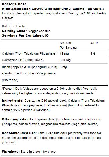 Bester COQ10 mit Bioperin 600 mg - 60 Kapseln