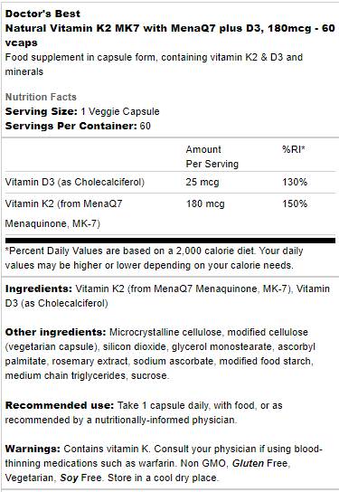 Best Natural Vitamin K2 MK-7 180 MCG | Plus D -3 - 60 capsules