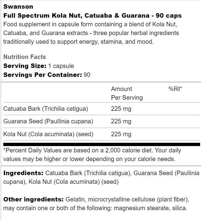 Full Spectrum Kola Nut, Catuaba and Guarana 90 капсули