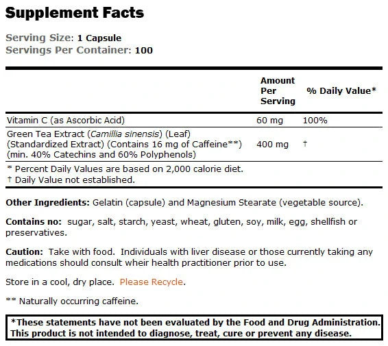 Žaliosios arbatos ekstraktas 400 mg - 100 kapsulių