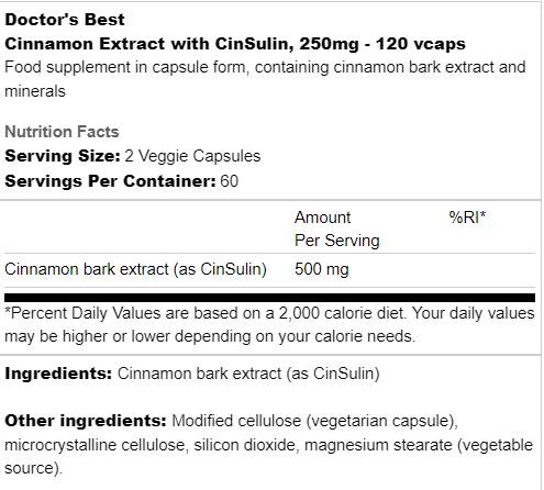 Best Cinnamon Extract with Cinsulin 250 mg - 120 capsules