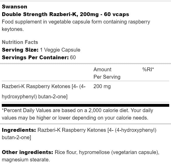 Razberi - K 200 mg | Dvigubo stiprumo aviečių ketonai - 60 kapsulių