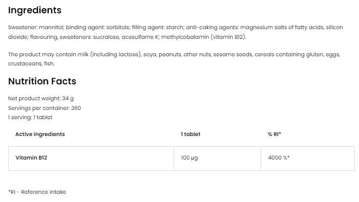 B12 -vitamiin metüülkobalamiin | Lozenges 360 Sublingal Tablett