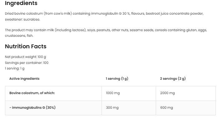 Colostrum Bovine Powder | 30% Immunoglobulin G 100 грама - Feel You