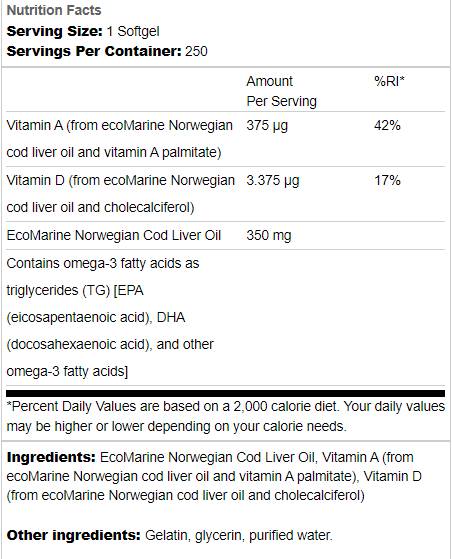 Norvegijos menkių kepenų aliejus 350 mg 250 gelio kapsulės