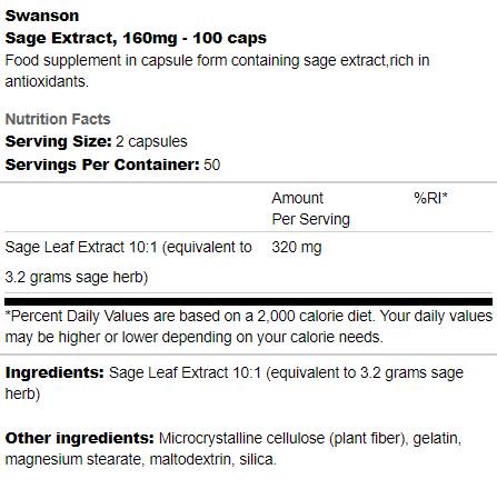 Sage Extract 160 mg 100 kapsulių