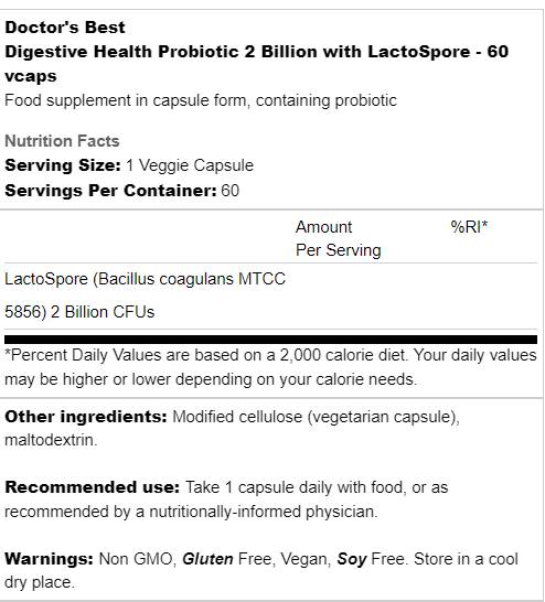 Digestive Health Probiotic | 2 Billion with Lactospore - 60 capsules