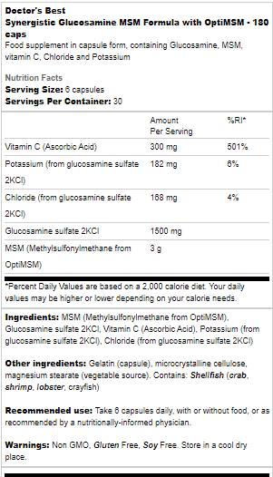 Fórmula sinérgica de glucosamina msm |  Com otimsm - 180 cápsulas