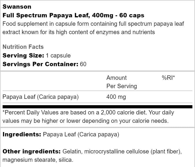 Folha de mamão de espectro completo 400 mg 60 cápsulas