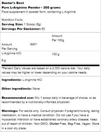 Melhor pó de L -arginina pura - 300 gramas
