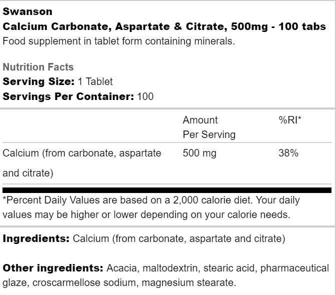 Complexo de cálcio 500 mg | Carbonato, aspartato e citrato 100 comprimidos