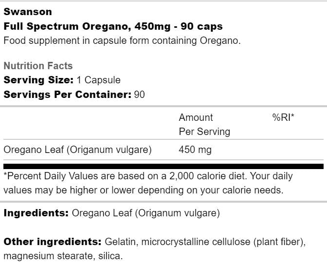 Cápsulas de orégano de espectro completo 450 mg 90