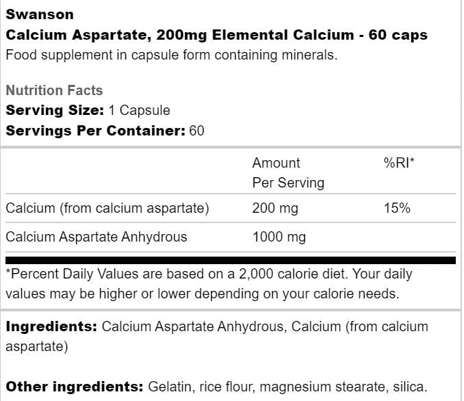 Aspartato de cálcio 200 mg 60 cápsulas