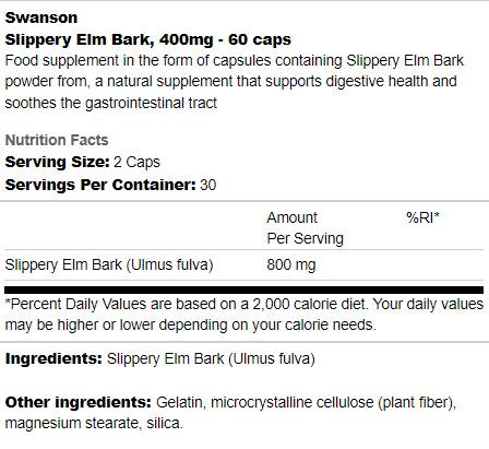 Slippery Elm Bark 400 mg 60 capsules