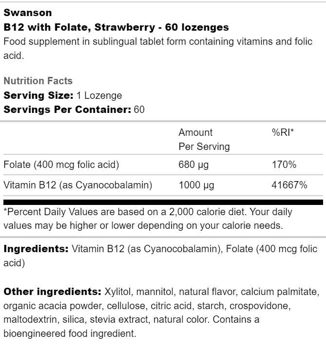 B12 1000 mcg cu folat - 60 tablete sublinguale