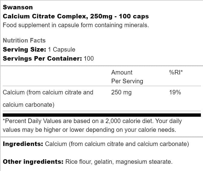 Calcium Citrate Complex 250 mg - 100 capsules