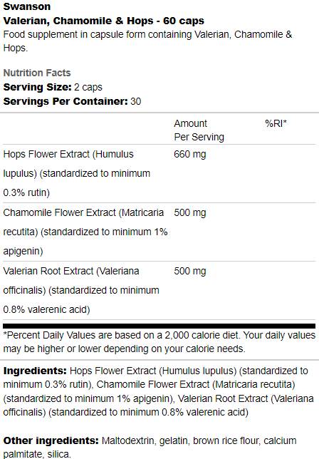 Valerian, Chammomile an Hops 60 Kapselen