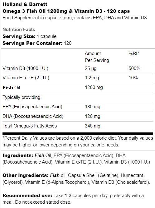 Omega 3 Fish Oil 1200 mg & Vitamin D3 - 120 Gel Capsules