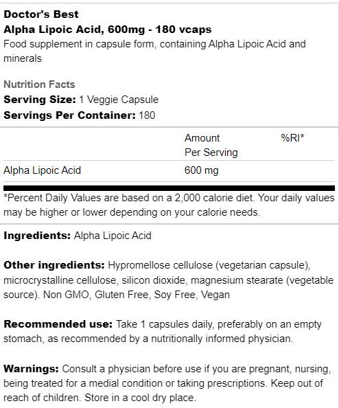 Best Alpha Lipoic Acid 600 mg - 180 capsules