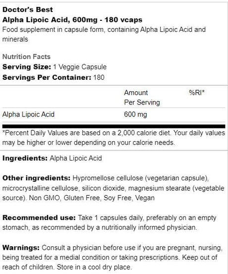 Mejor ácido alfa lipoico 600 mg - 180 cápsulas