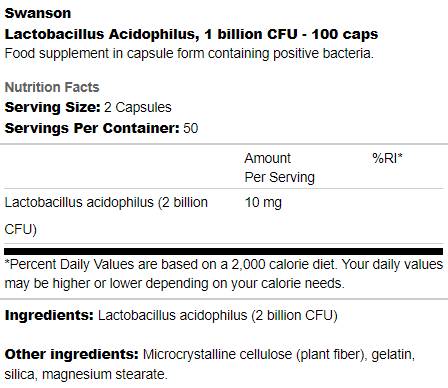 Lactobacillus Acidophilus 1 Billion CFU 100 capsules