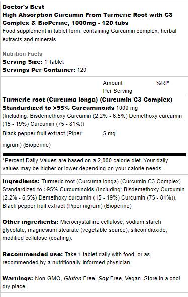 High Absorption Curcumin 1000 mg | With C3 Complex & Bioperine - 120 tablets