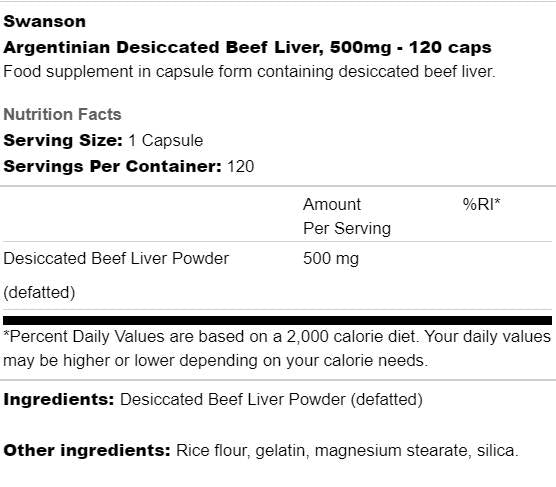 Argentinian Desiccated Beef Liver 500 mg 120 capsules