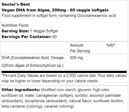 Best Vegan DHA from Algae 200 mg - 60 gel capsules