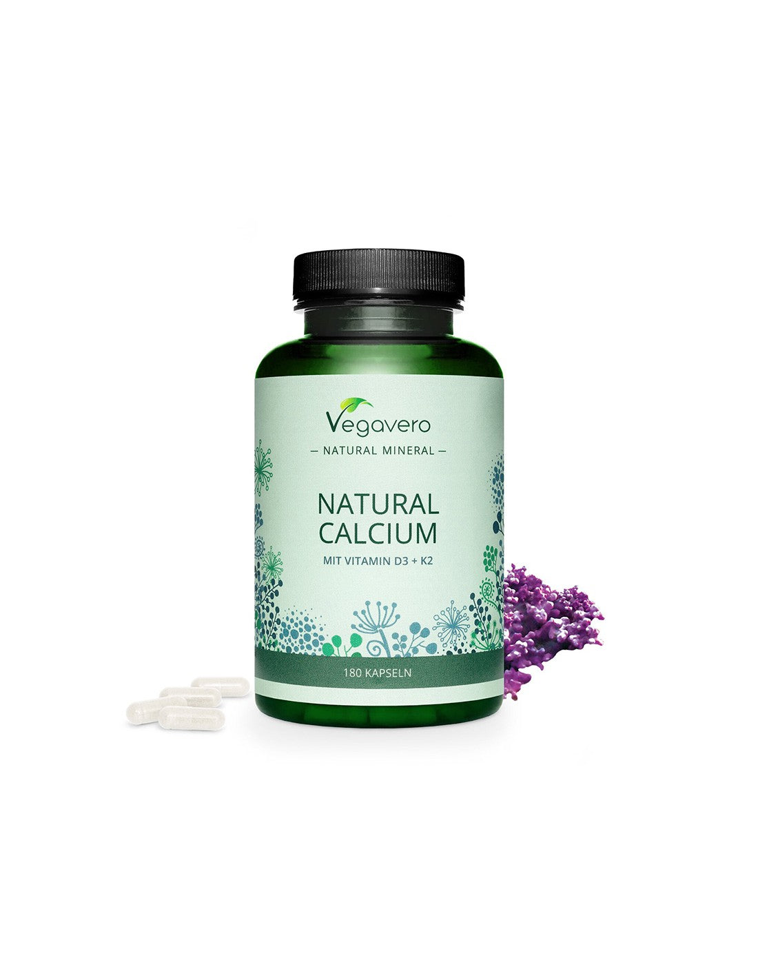 Natural calcium with vitamin D + K2 - healthy bones and teeth, 180 capsules Vegavero