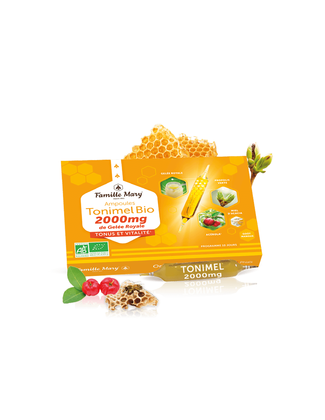 Ampoules voor toon, energie en immuniteit (met Royal Jelly 2000 mg), organische, 10 drinkende ampullen, met oranje smaak