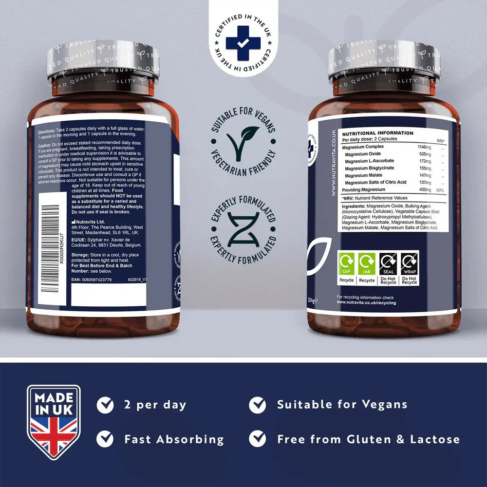 Magnesium Complex – 240 capsules with high concentration – Vegan – Nutravita