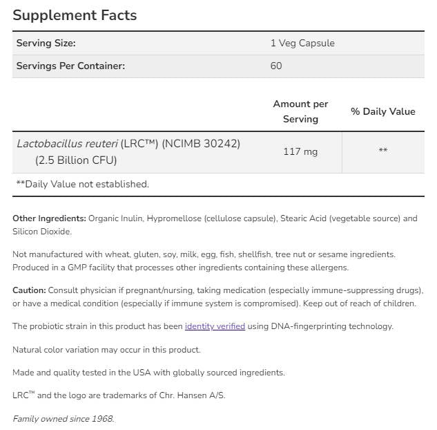 Klinikinės sveikatos probiotikas | Lactobacillus Reuteri LRC ™ 2,5 milijardo - 60 kapsulių