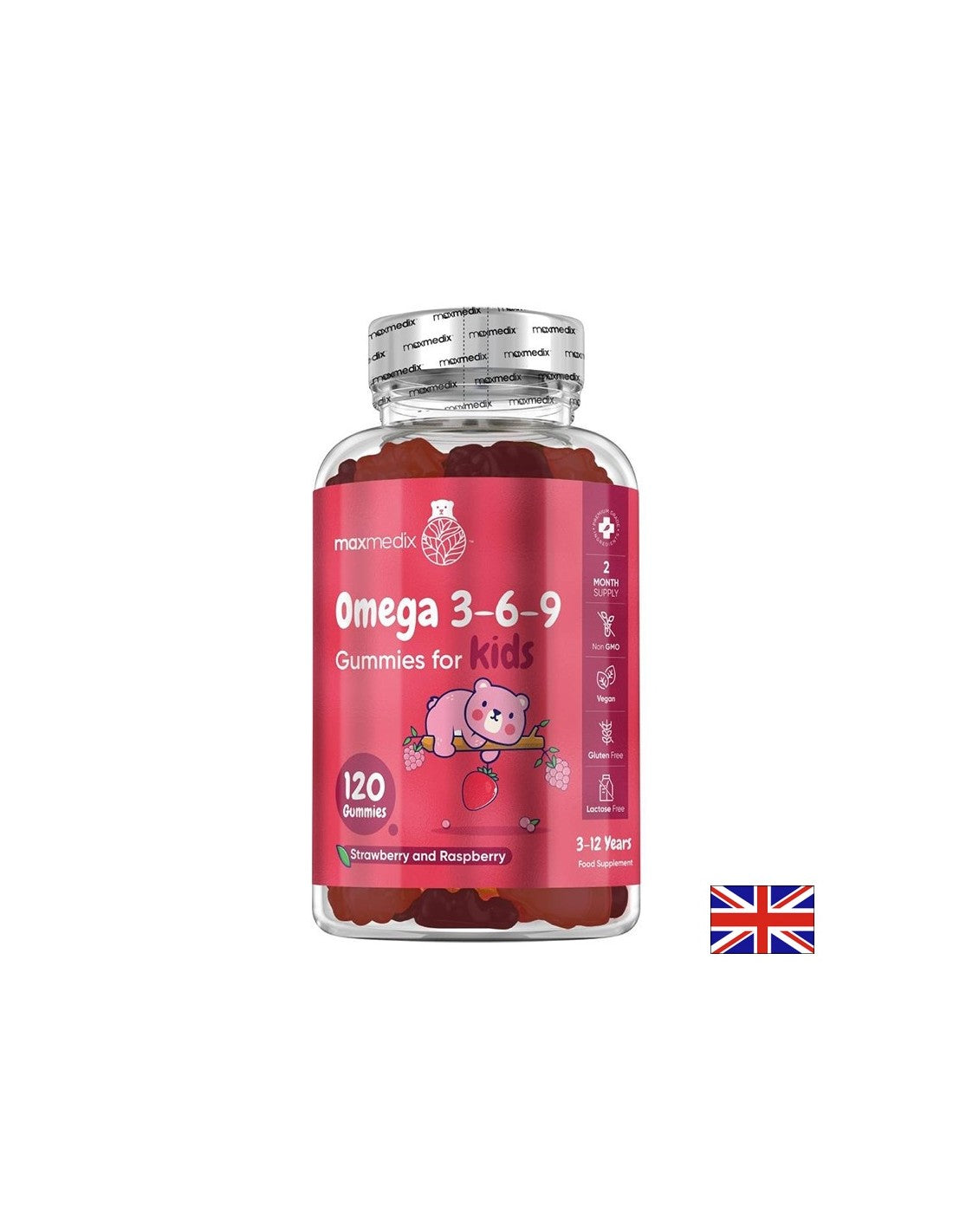 Odporność i funkcja mózgu-Omega 3-6-9 dla dzieci, 120 galaretki, smak truskawki i malinowy