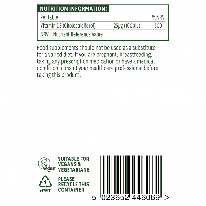 Vitamin D3 (Vitamin D3) 1000iu 60 vegan Pëllen Diät Naturesaid