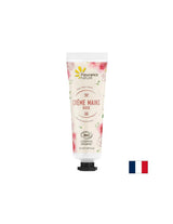 Crema de mano con agua floral de Rose Damascena, mantequilla de karité y aloe vera, 30 ml de naturaleza de flotación
