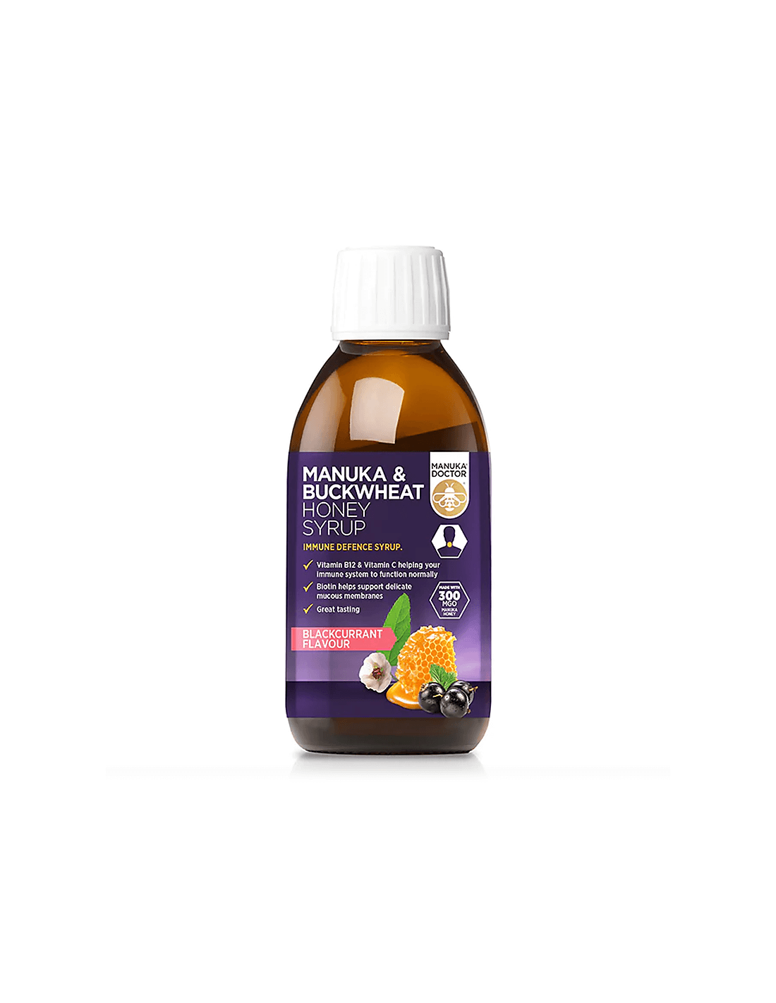Inmunidad: jarabe con miel de manuka (300 MgO) y trigo sarraceno, jarabe de 200 ml, sabor a la grosella negra