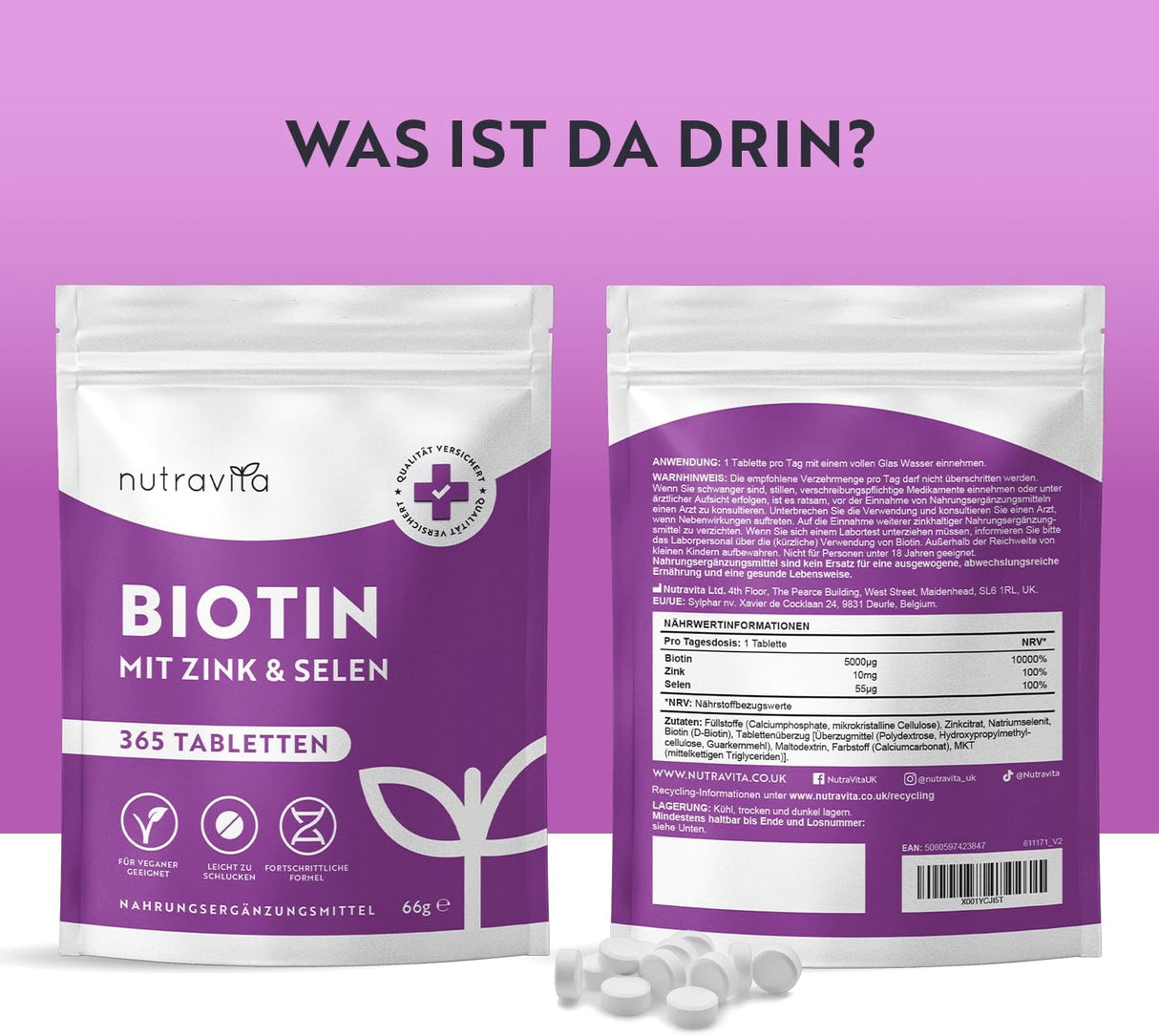 Biotin + Selenium + Zinc tablets for skin, hair and nails – 365 vegan tablets for 1 year Nutravita