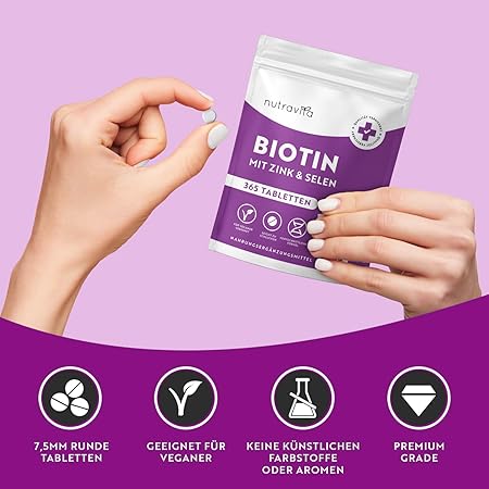 Biotin + Selenium + Zinc tablets for skin, hair and nails – 365 vegan tablets for 1 year Nutravita