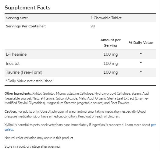 L-teaninas 100 mg kramtomas | Su inozitoliu ir taurinu - 90 kramtomų tablečių