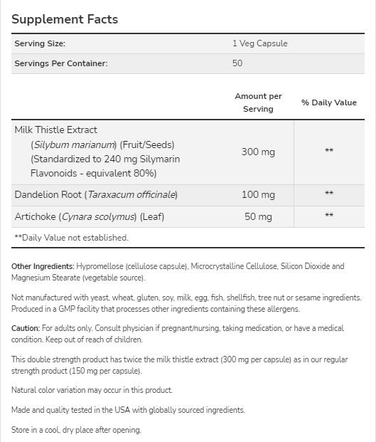 Milk Thistle - Extrait de Silymarin | Double force avec artichauts et pissenlit - 100 capsules