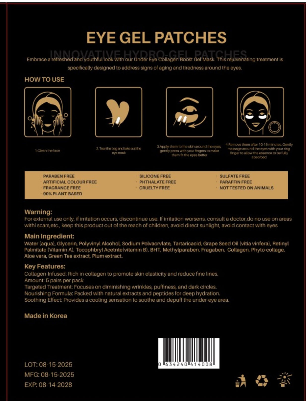 Eye patches with collagen and gold essence - /5 pcs. in a box/