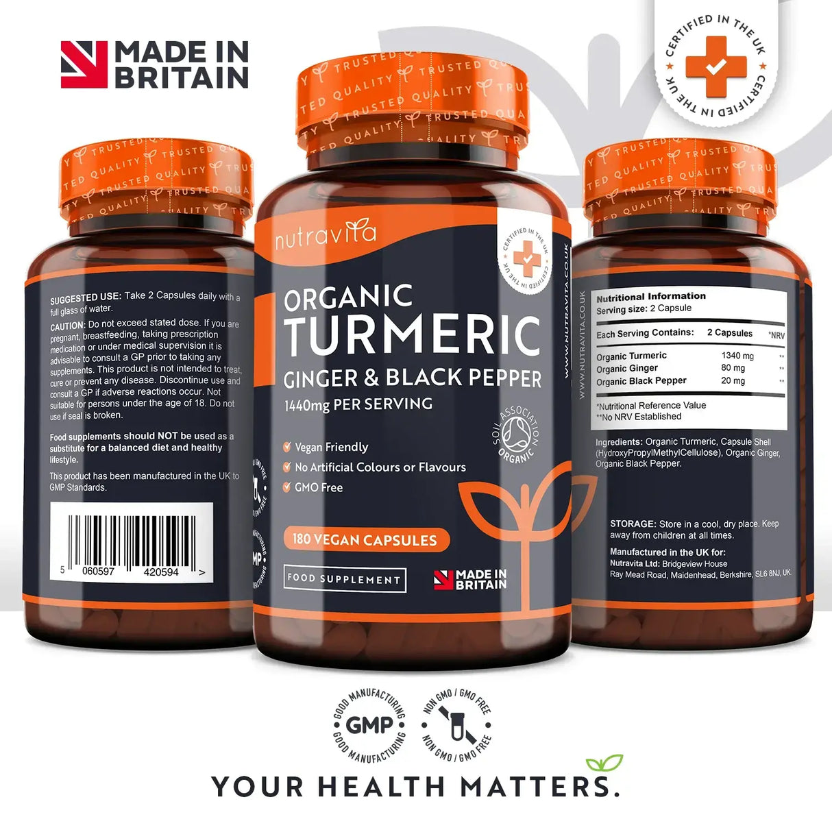 Organic Turmeric 1340mg with Black Pepper & Ginger /180 капсули, 90 дози/ Nutravita - Feel You