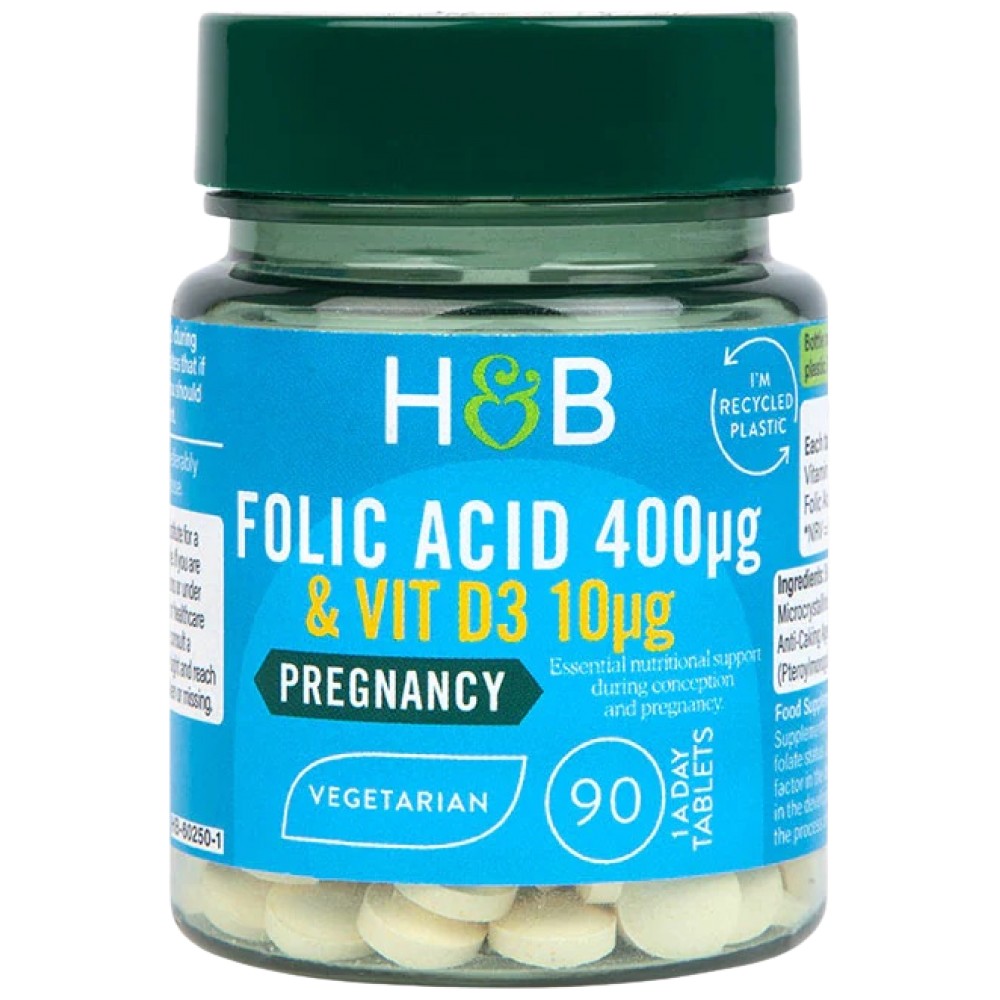 Folic Acid 400 mcg |  With Vit D3 10 mcg - 90 Таблетки - Feel You