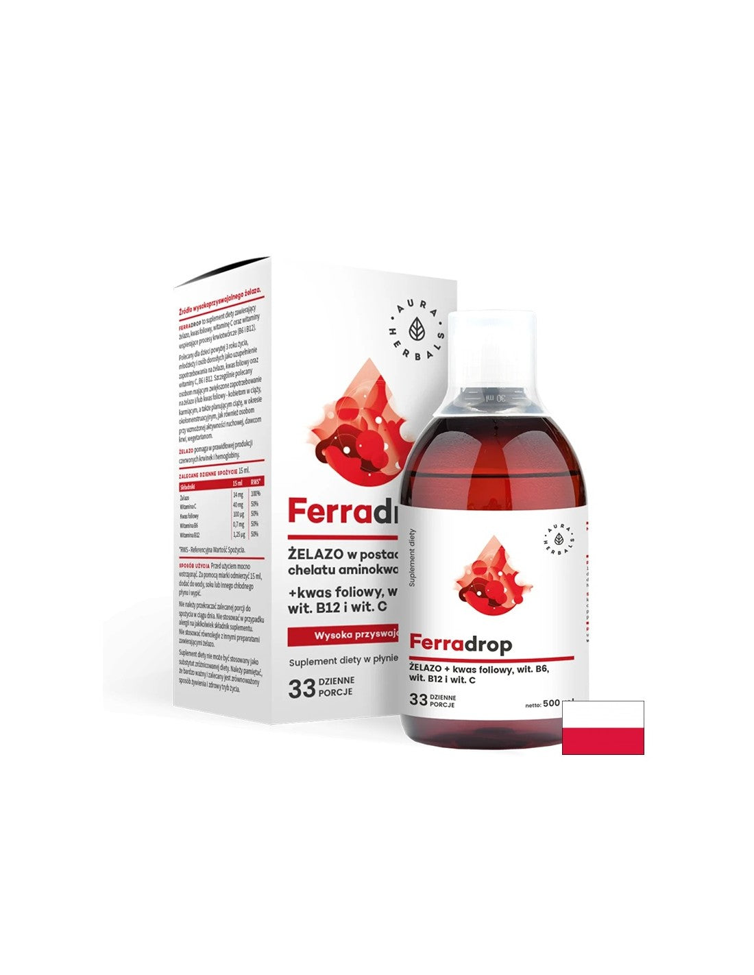 Geležis + folio rūgštis su vitaminais C, B6, B12, 500 ml Aura Herbals