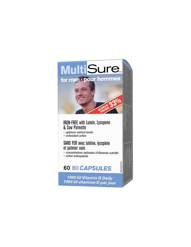 MultiSure® Men / Мултивитамини за мъже (с лутеин, ликопен и сао палмето), 80 капсули - Feel You